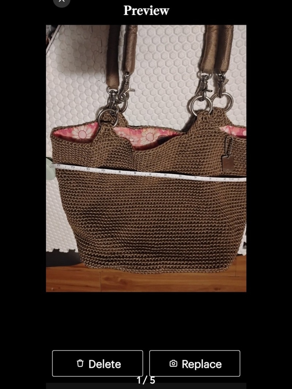 Brown Woven Tote Bag with Pink Floral Lining